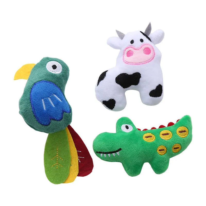 Plush cat toy shaped like a cow, crocodile, or parrot on a plain background.