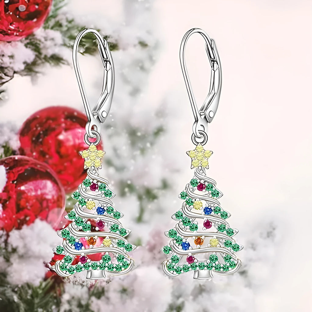 Women's Christmas tree earrings with star design in white gold colour on copper