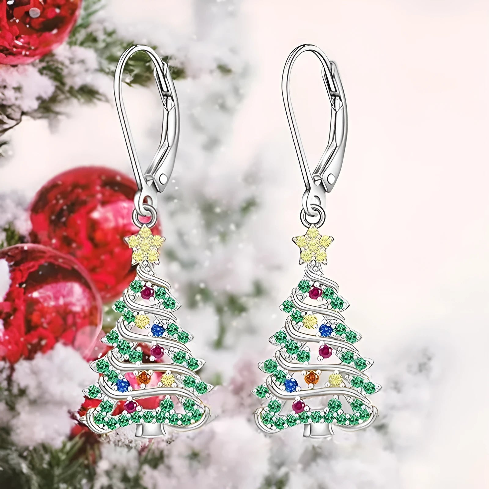 Women's Christmas tree earrings with star design in white gold colour on copper