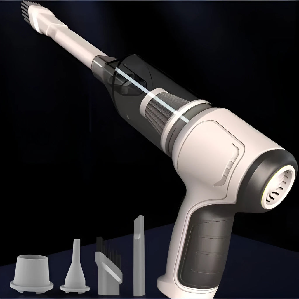 Handheld car vacuum cleaner with wireless charging dock in gold finish, showing compact 165x140x90mm dimensions