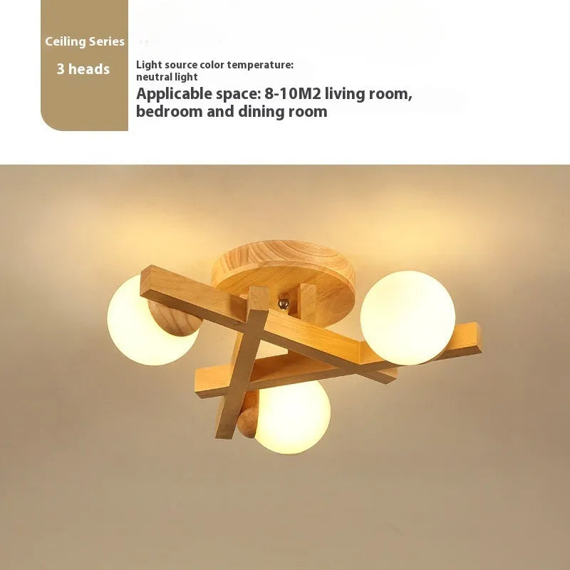 Nordic wooden style ceiling lamp with three light heads for living room modern design