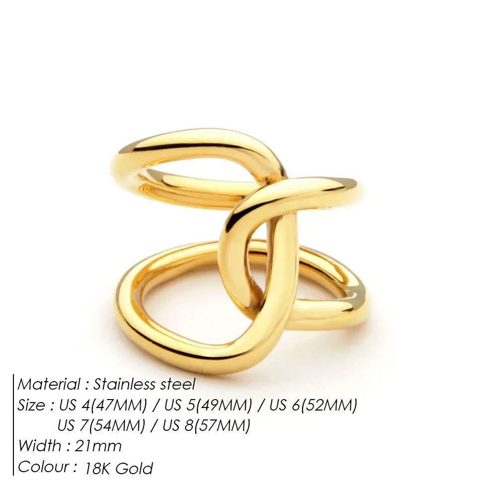 Adjustable stainless steel knotted ring in geometric U-shape design with opening closure