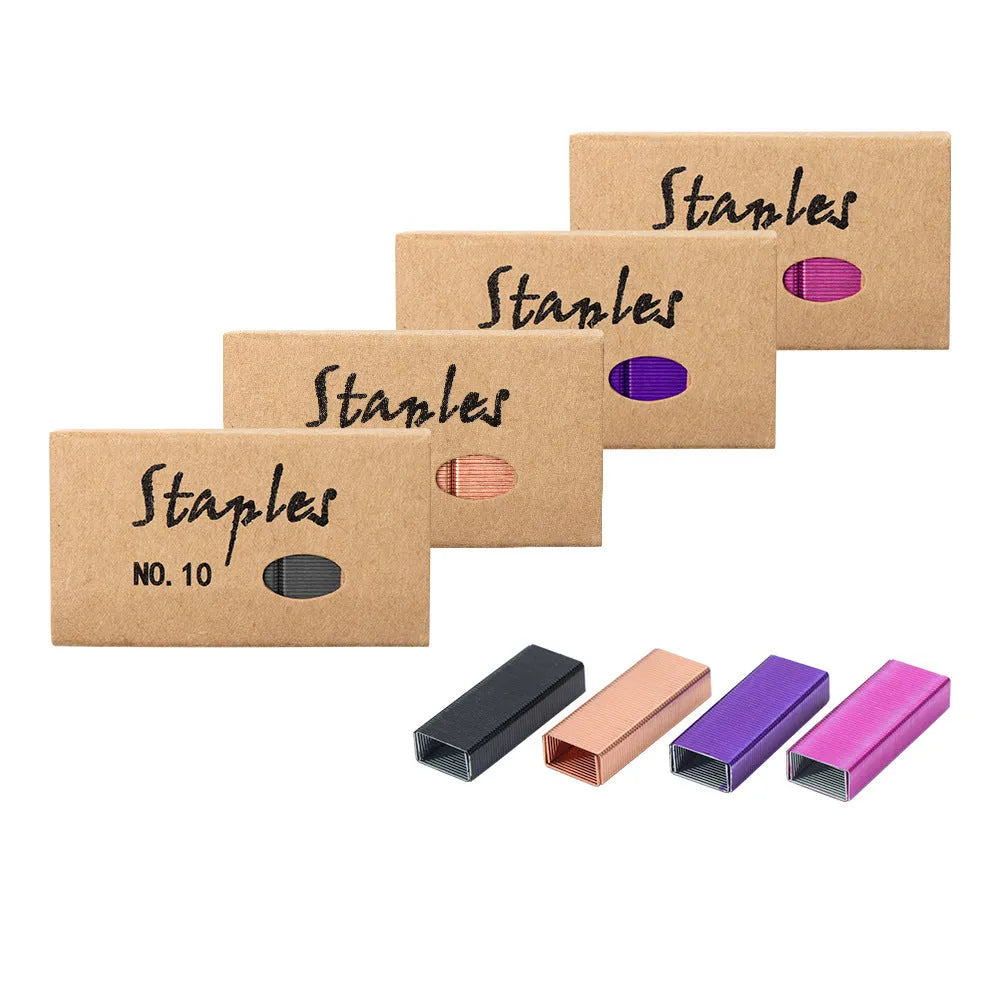 Box of 1000 metal staples in colours black, purple, rose gold, and rose red for office stationery