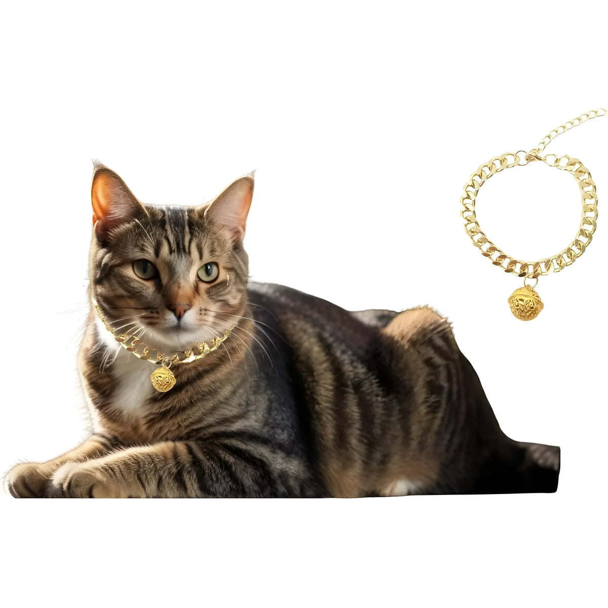 Gold aluminium chain cat collar with bell, 1.3cm wide, adjustable extension chain, S to XL sizes