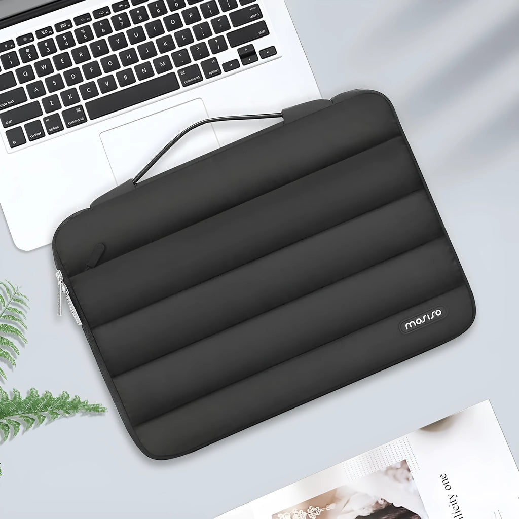 Velvet laptop bag with down shrink storage in black, pink, light brown, or sand for 13.3 or 15.4 inch laptops.