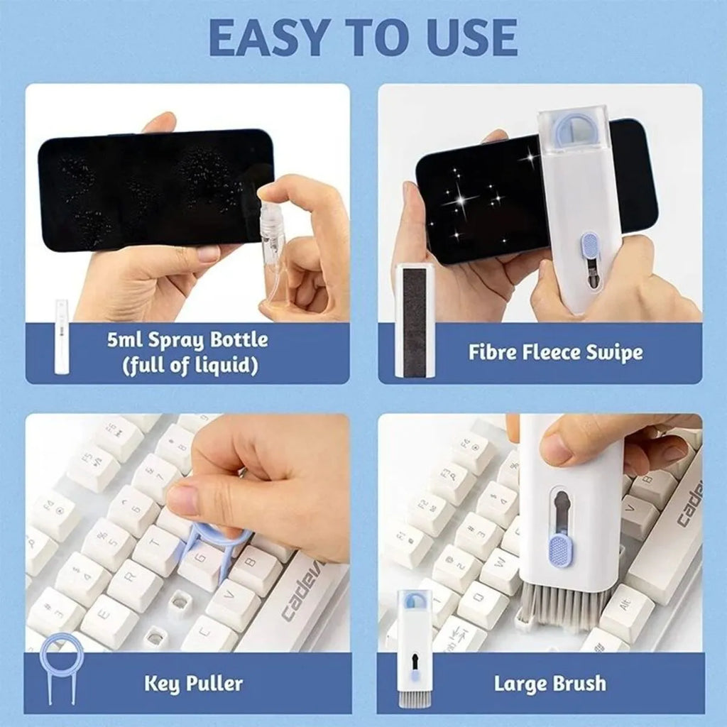 7-in-1 computer keyboard cleaner brush kit with earphone cleaning pen and keycap puller on blue background