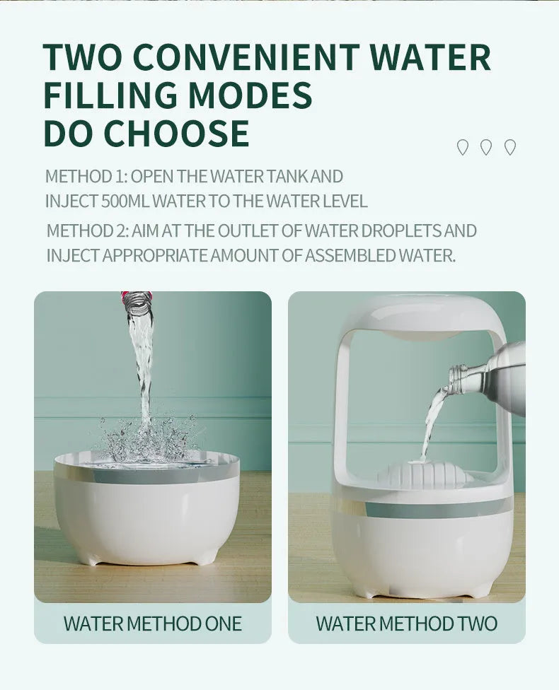 White anti-gravity humidifier showing water drop backflow effect with USB cable connection