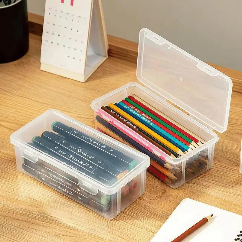 Transparent plastic stationery storage box for pencils, crayons, and drawing tools