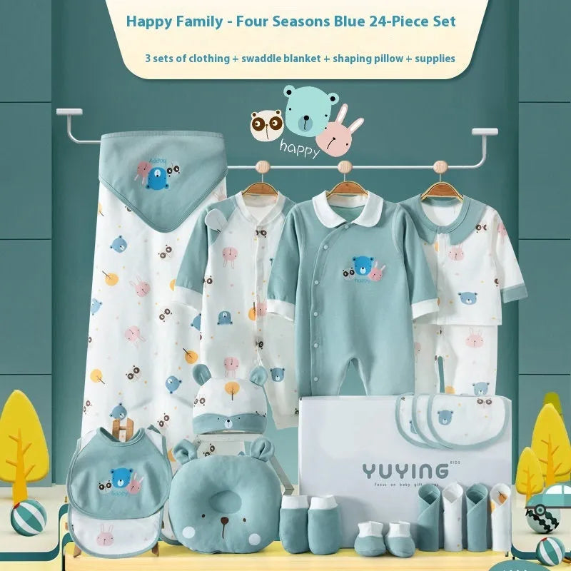 Cotton baby clothing gift set with long sleeves, neutral cartoon styling and 59cm to 73cm height options.