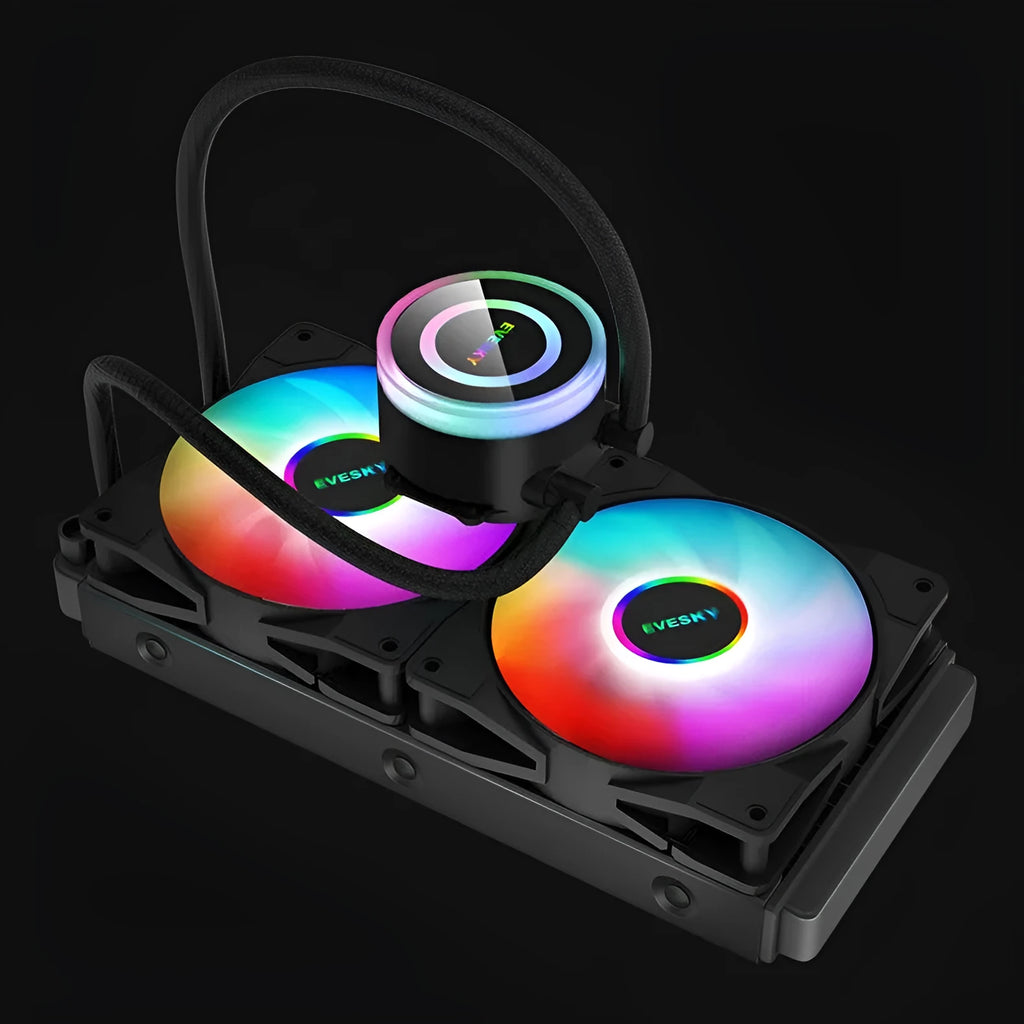 Aluminium CPU radiator fan with RGB lighting in 120mm, 240mm, and 360mm sizes