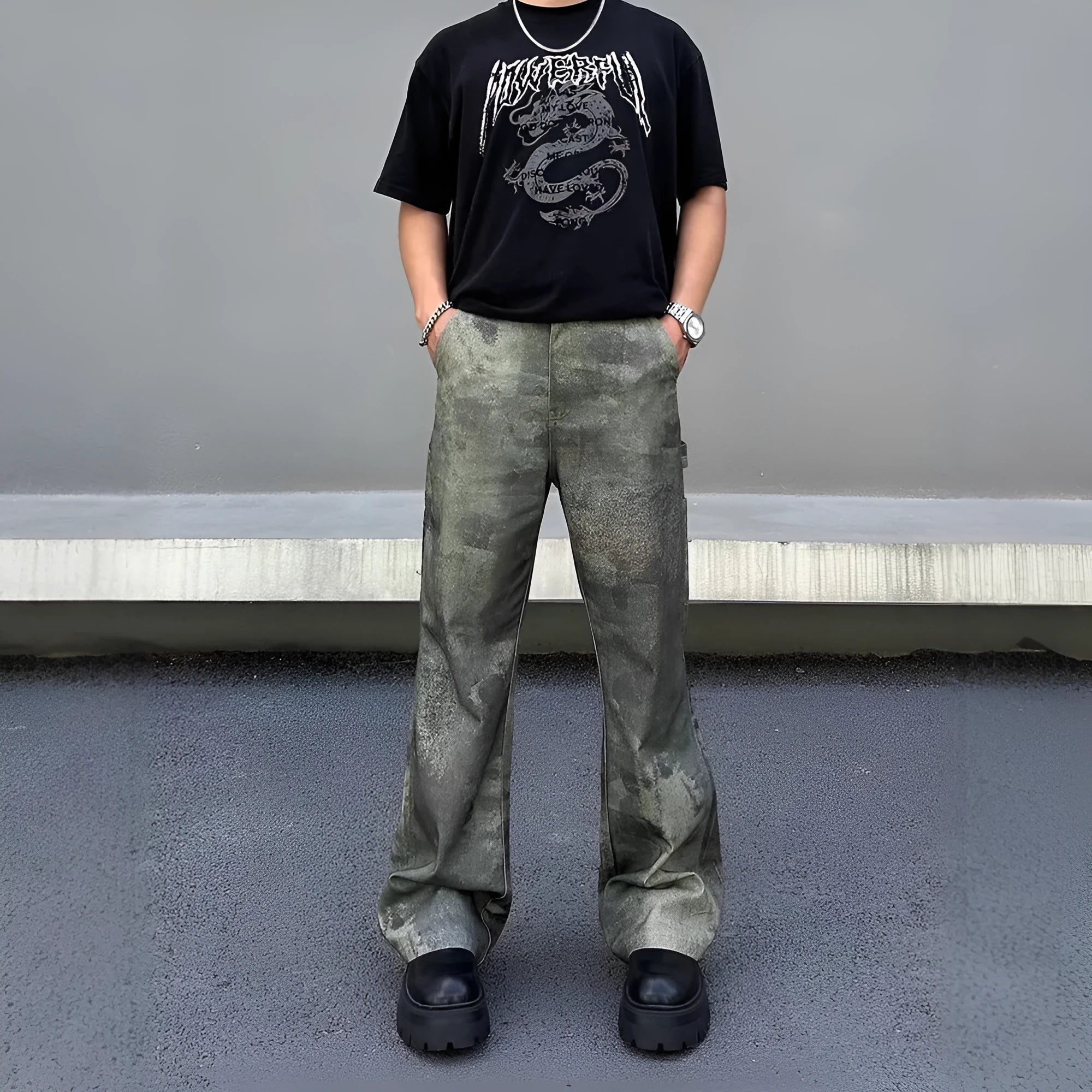 Men's retro digital camouflage jeans with straight leg cut in cotton denim fabric