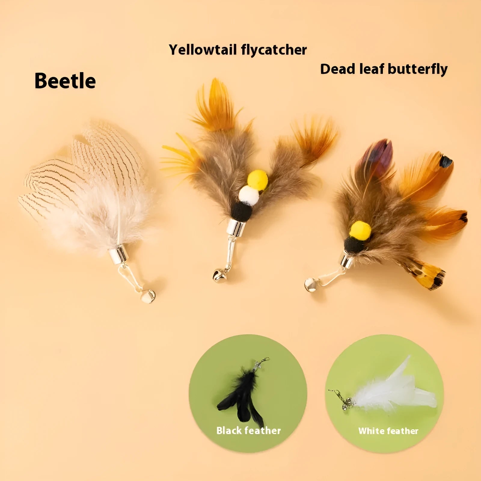 Three steel wire cat toy replacement heads with colourful flying insect designs