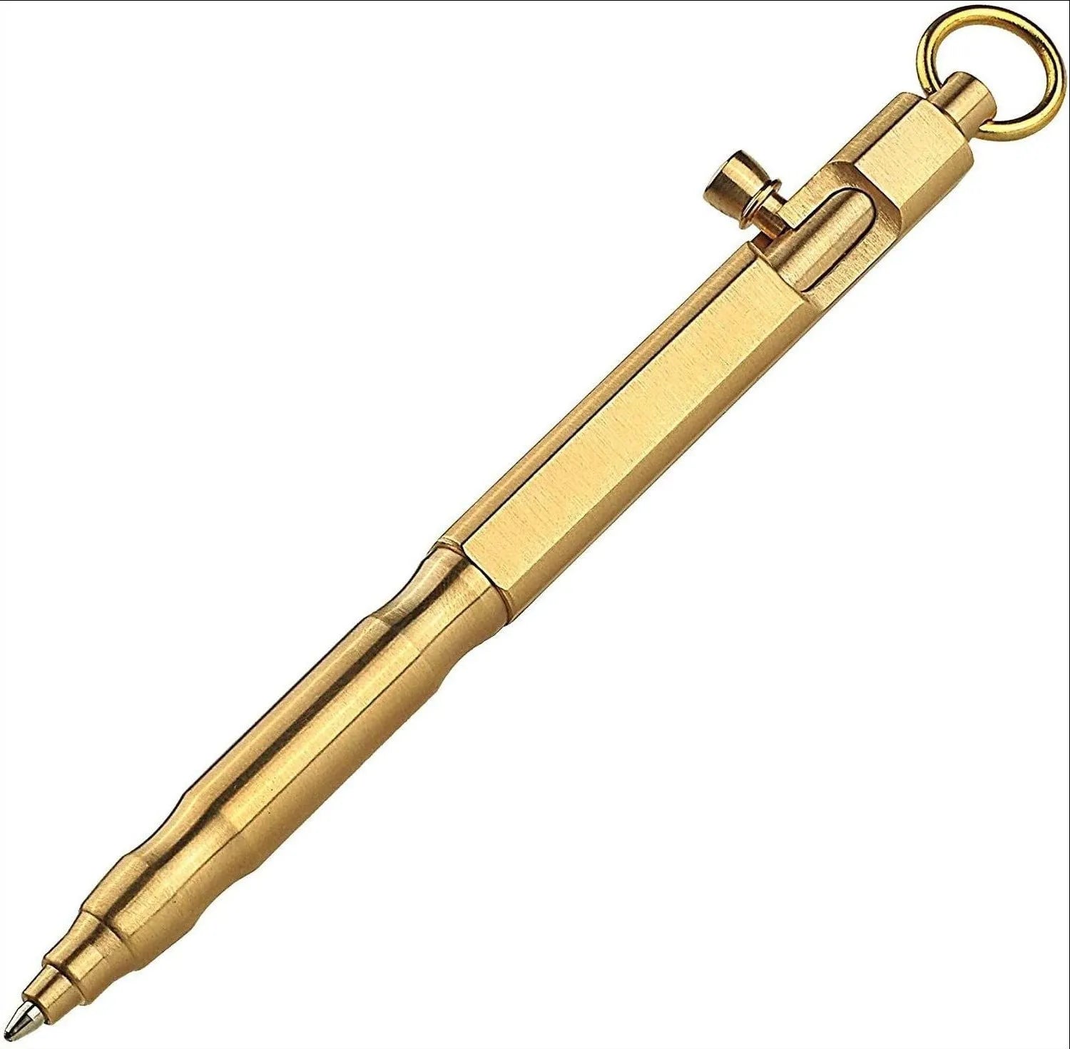 Brass machine gun tactical pen with hexagonal bolt design showing brass natural colour finish