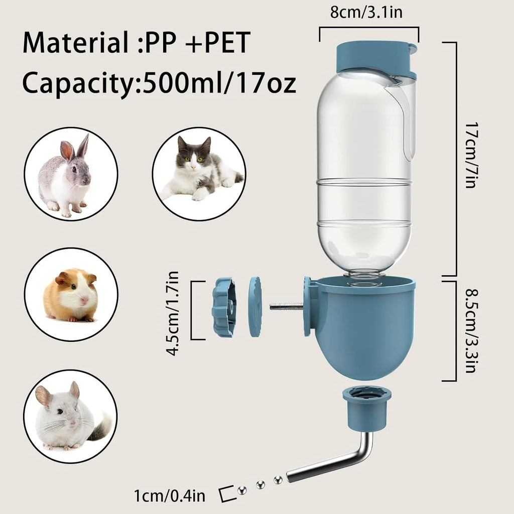 Blue small animal cage water bottle with rotatable nozzle and stainless steel drinking valve.