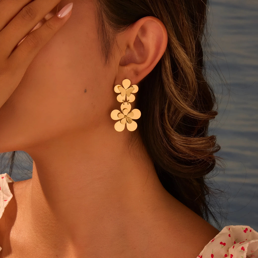 Women's stainless steel earrings with flower butterfly design in electroplated 18K gold colour