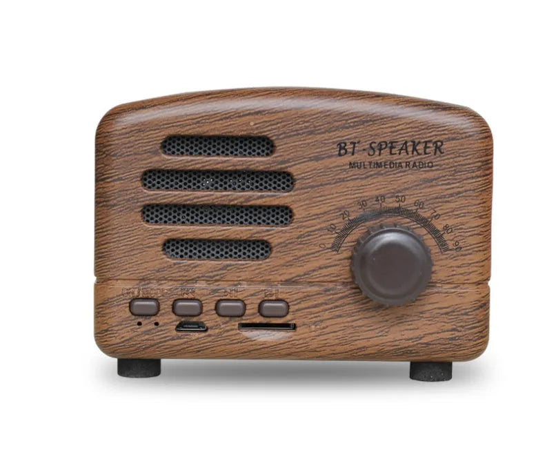 Vintage wood finish Bluetooth speaker in compact plastic housing with USB charging port