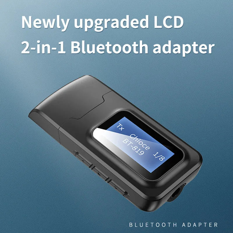 Black two-in-one Bluetooth 5.0 audio transmitter with screen display, 3.5mm input, 10m range, 62x26x1mm