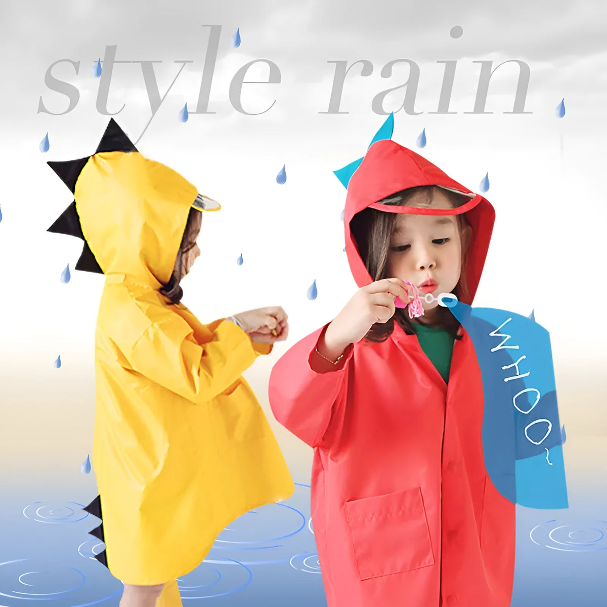 Dinosaur raincoat for kids in red or yellow, hooded design, sizes S to 3XL with size chart measurements