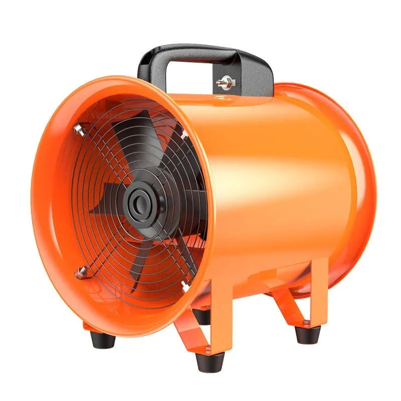 Industrial axial flow fan with titanium steel housing and seven blades for ventilation.