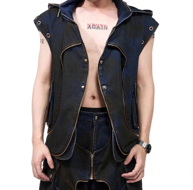 Blue hooded denim vest coat and matching trousers Korean style outfit set