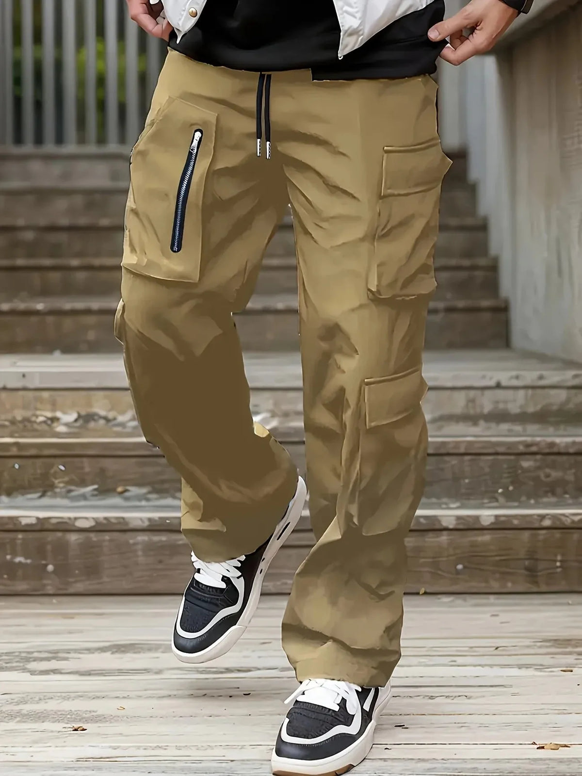 Slim-fit multi-pocket work pants in polyester, spring and autumn outdoor casual trousers, black grey green khaki