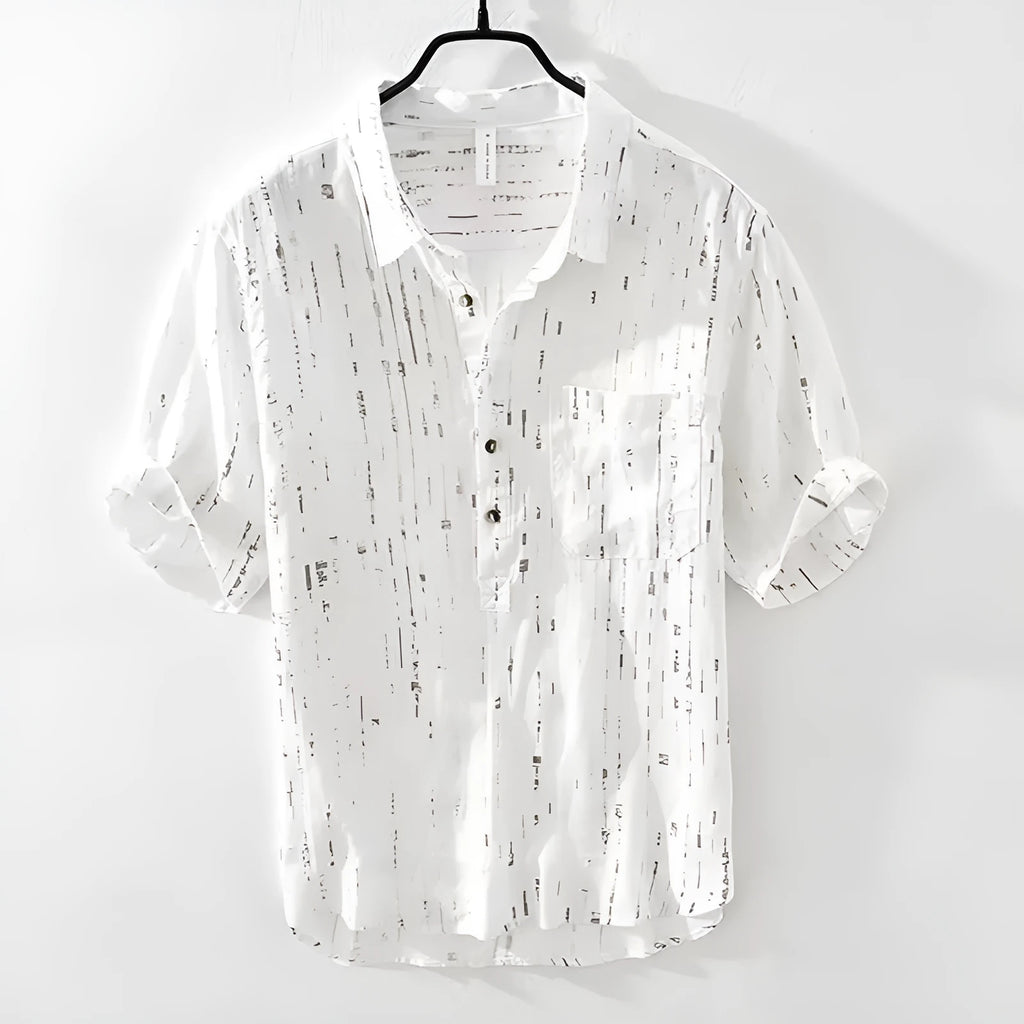 Men's black loose-fit short-sleeved polo shirt with a lapel collar on a hanger.