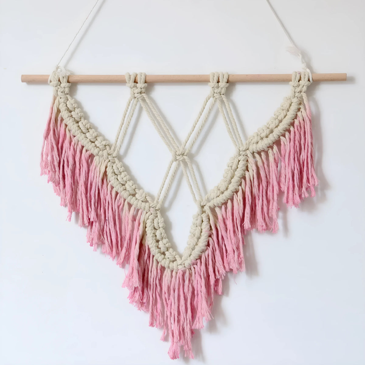 Handmade cotton rope macrame wall hanging, pink or white, 40x50cm with 50cm rod and small cottonseed spot.