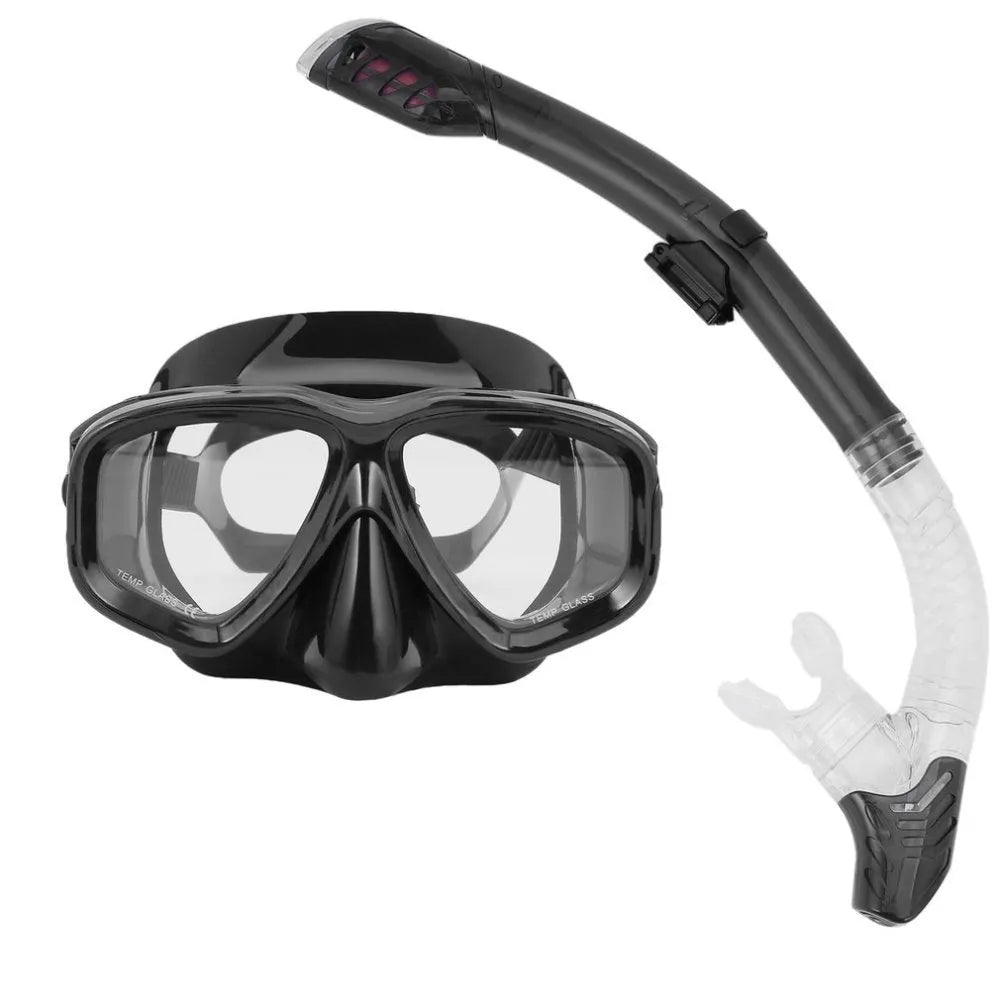 Full-face anti-fog diving goggles with a blue PC frame, silicone strap, and integrated mouthpiece.