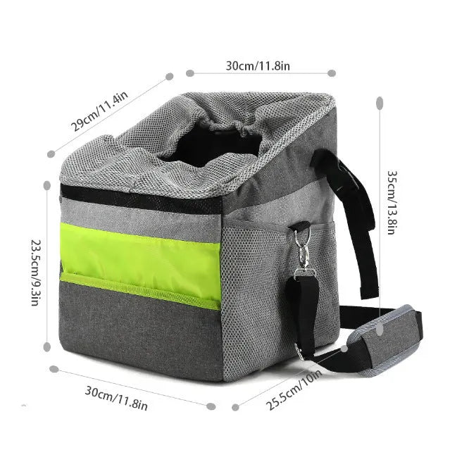 Grey Oxford pet bag bicycle basket with geometric pattern, hard build, and D buckles on both sides, item G74