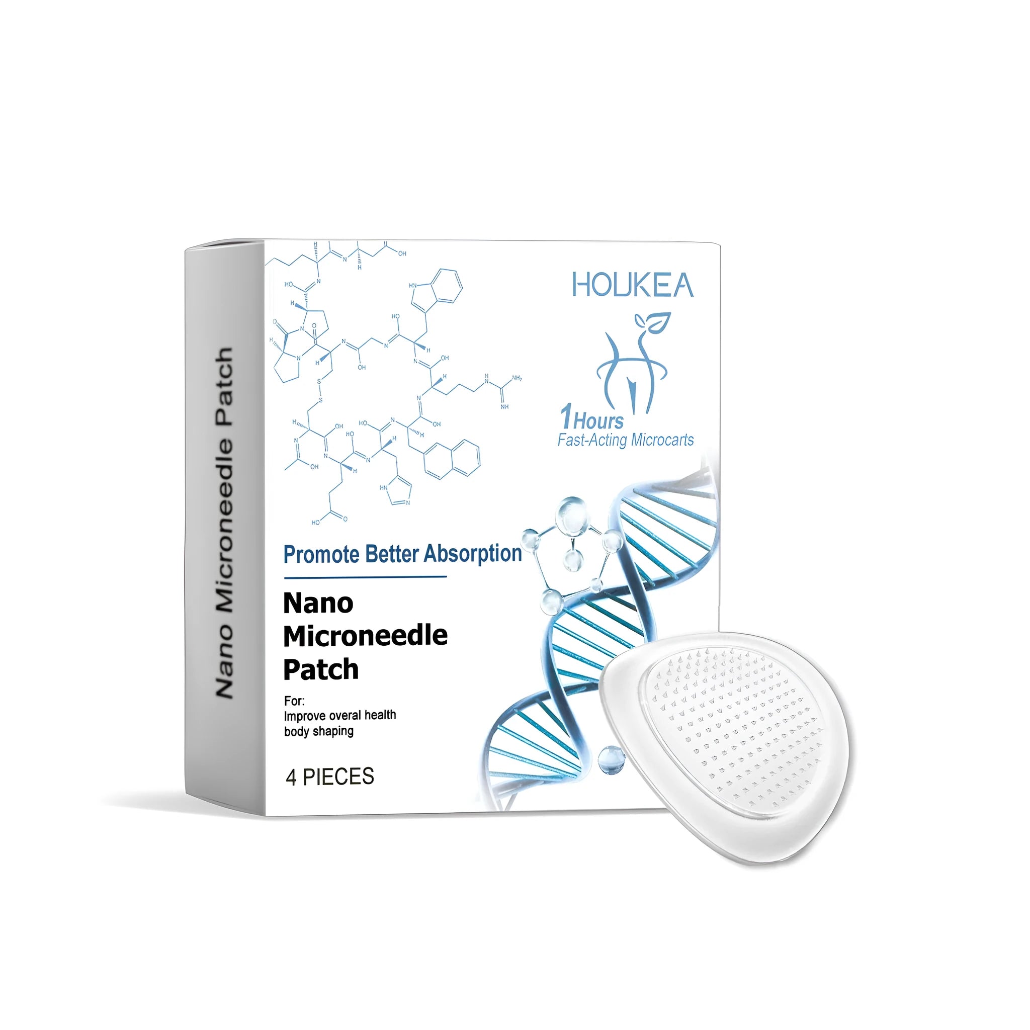 Four nano microneedle skincare patches in packaging with botanical ingredients listed.