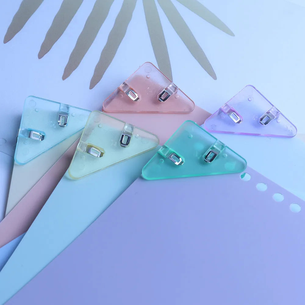 Plastic corner clip for student file storage and paper organisation in ice crystal yellow, smoothie blue and solid colours