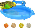 Multifunctional plastic bird bath and feeder box for birds, shown with optional rattan balls or plastic balls.