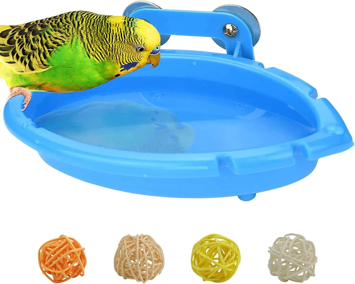 Multifunctional plastic bird bath and feeder box for birds, shown with optional rattan balls or plastic balls.