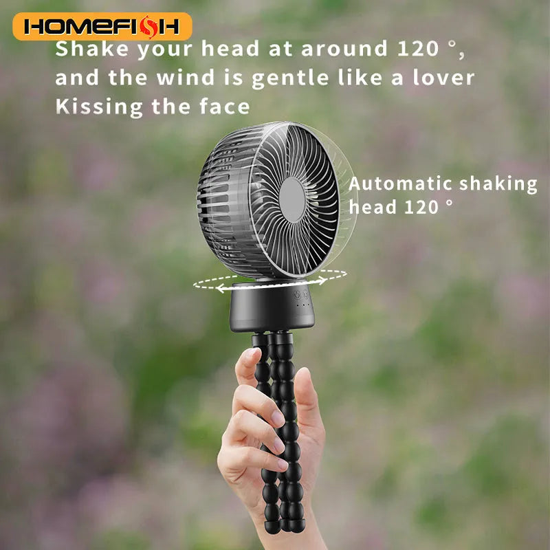 HOMEFISH F2 automatic shake head fan with LED light and removable bracket mounted on a pram