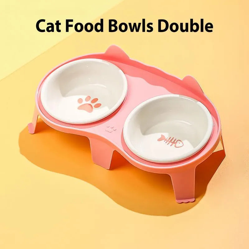 Blue ceramic cat food and water bowl set on a white elevated stand with a storage hook.