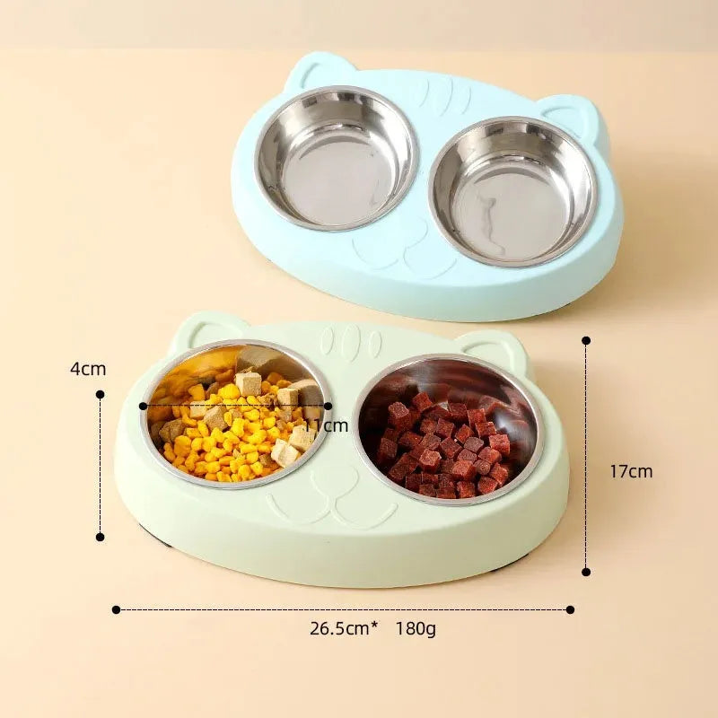 Blue Macaron double bowl plastic pet feeder for cats and dogs on a floor.