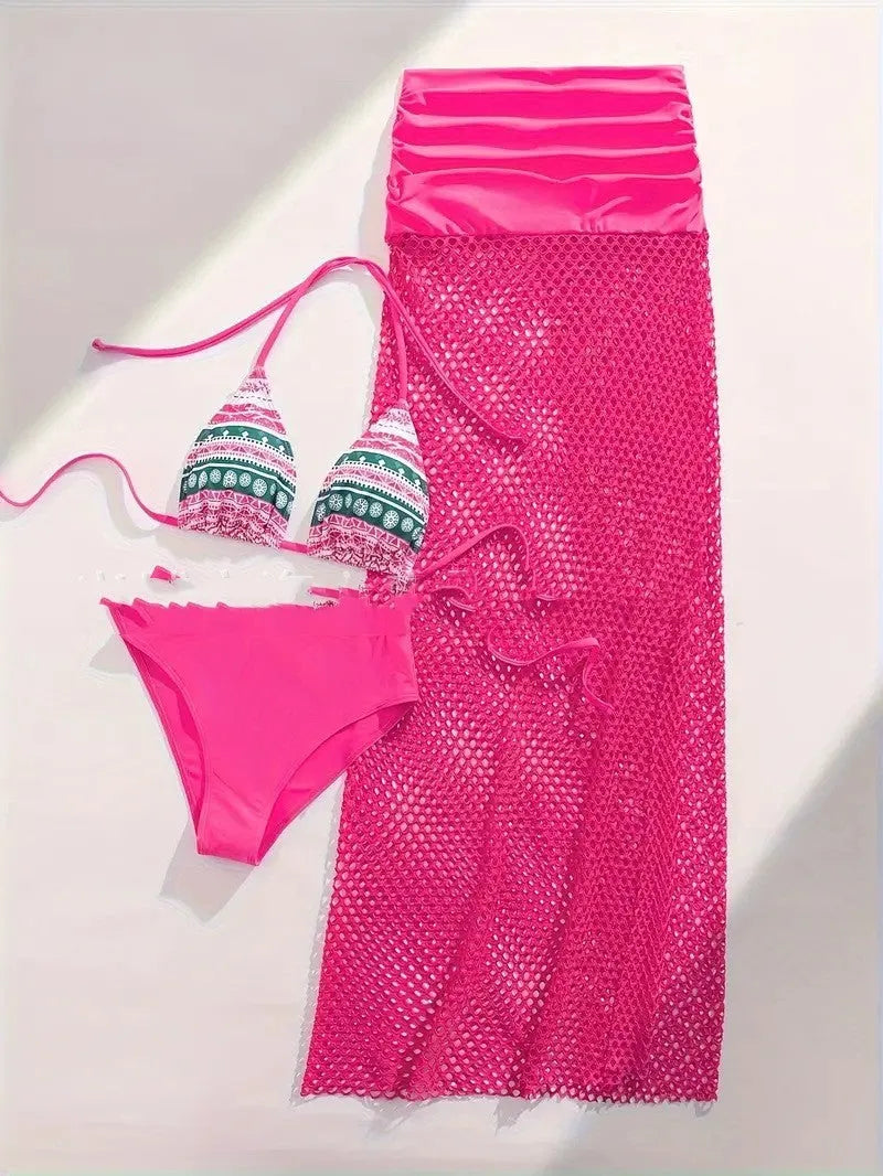 Women's brown gradient bikini and fishnet long skirt three-piece swimwear set laid flat.