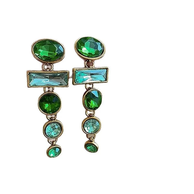 Green gradient geometric Chinese style earrings with zircon inlay and tassel details