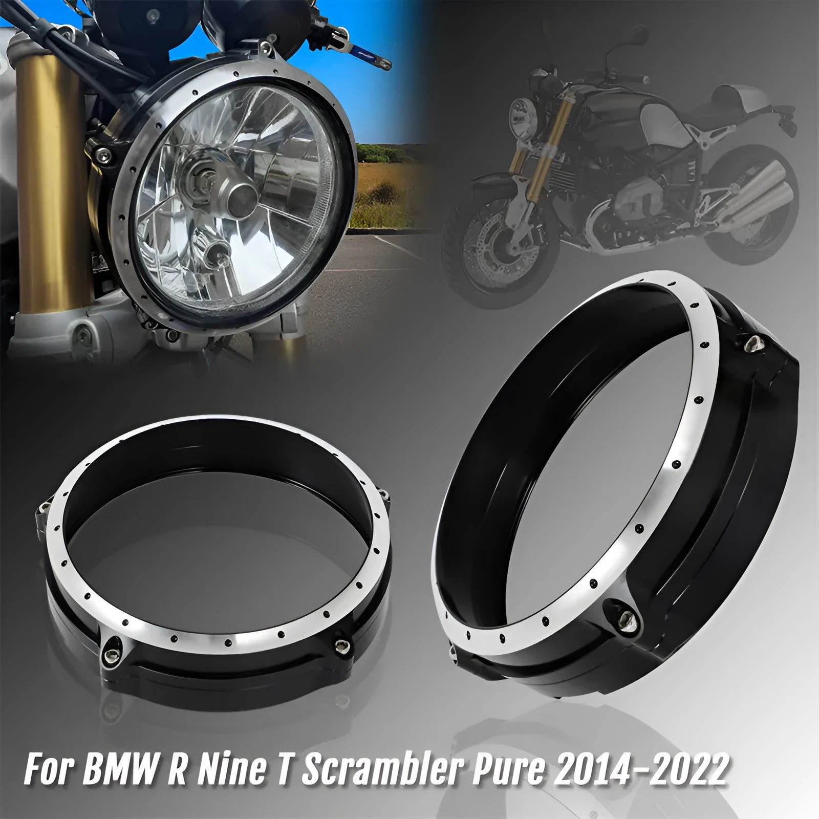 Black CNC aluminium headlight cover frame for BMW R NINE T Scrambler motorcycle 2014-2017 models