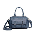 Vintage style large capacity square messenger bag in PU leather with contrast stitching.