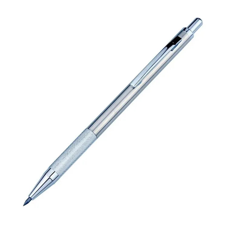Metal automatic mechanical drafting pencil with multiple lead size options including 0.5mm and 2.0mm.