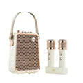 Dual microphone Bluetooth speaker suit in green or white with one audio unit and two microphones for karaoke
