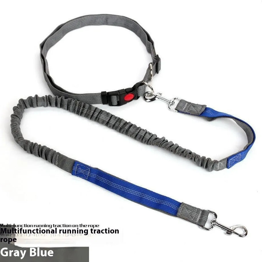 Grey and red reflective elastic dog leash for outdoor running held in a person's hand.