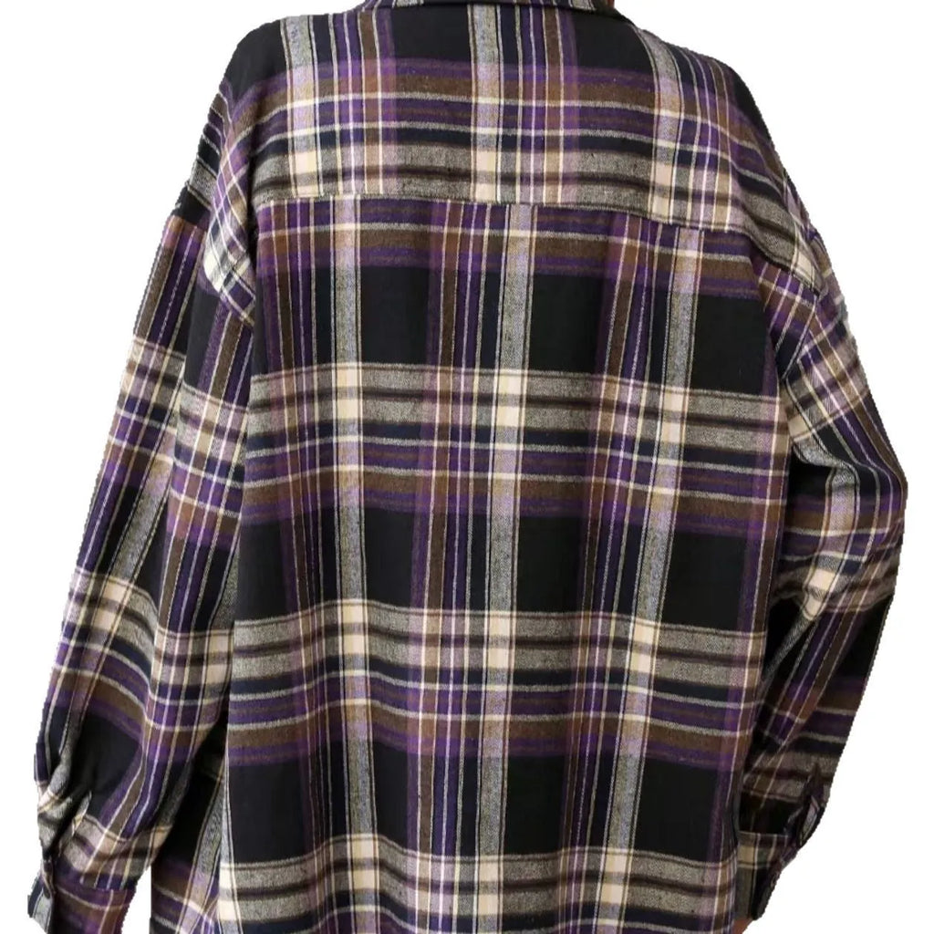 Women's loose fit long sleeve cotton shirt in a black retro plaid pattern