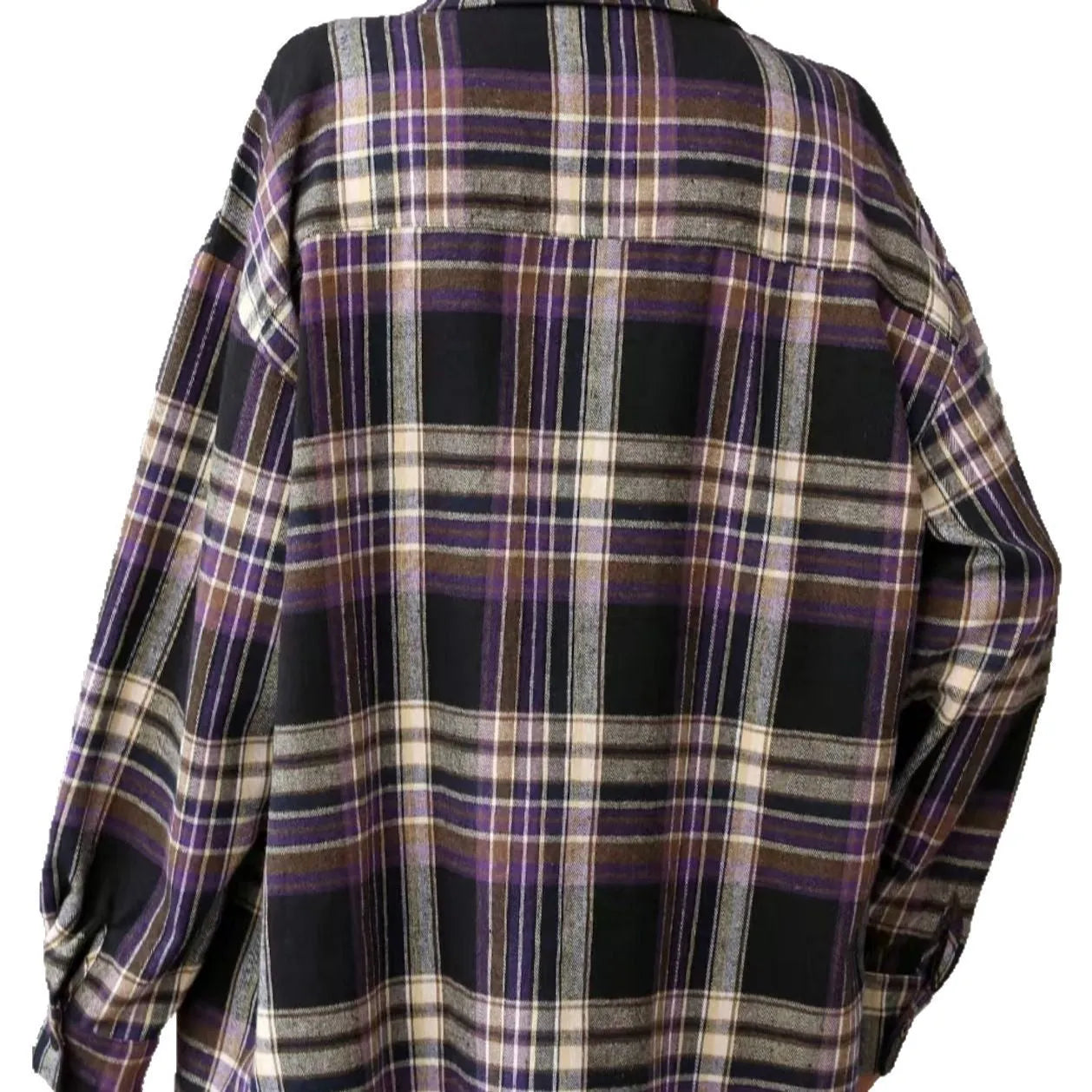 Women's loose fit long sleeve cotton shirt in a black retro plaid pattern