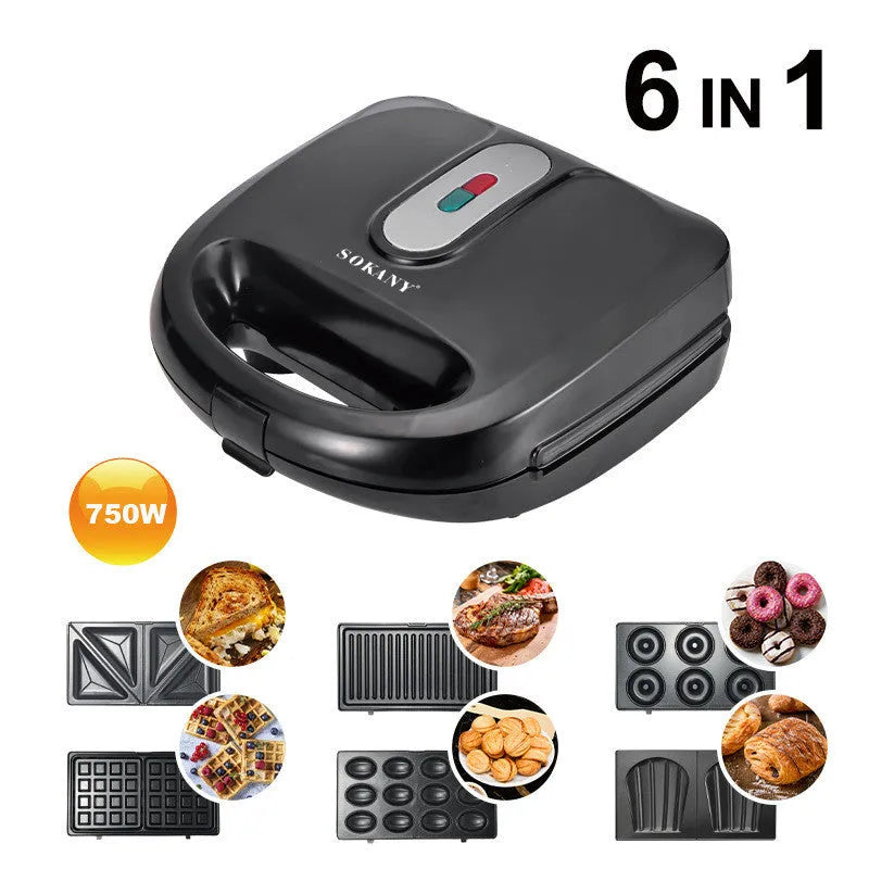 Black double-sided electric sandwich pan with stainless steel lid and six non-stick pans.