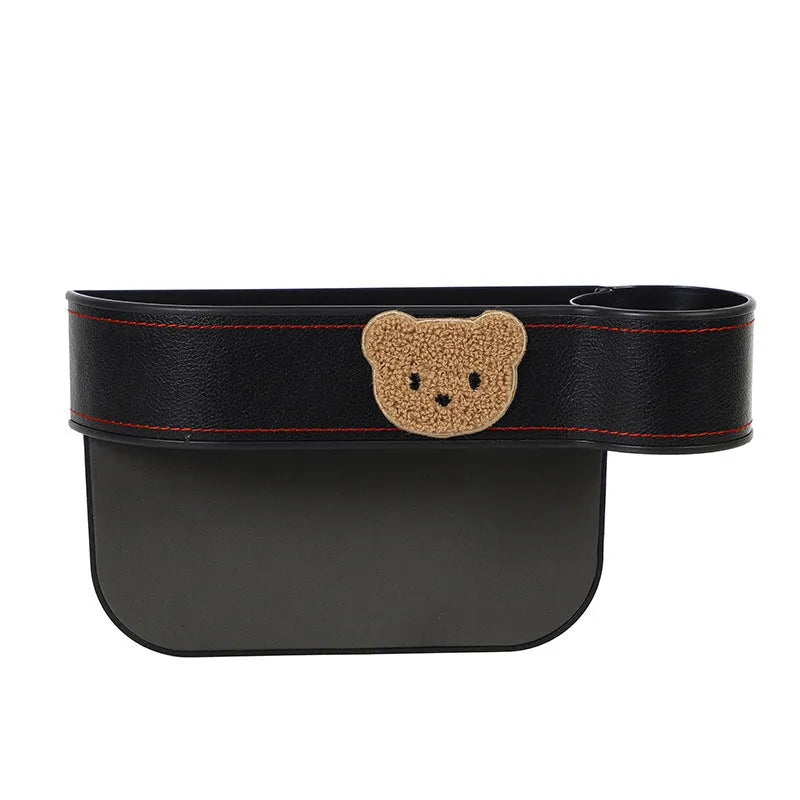 Leather car seat gap storage box with cartoon bear design in black and rice bear colours.