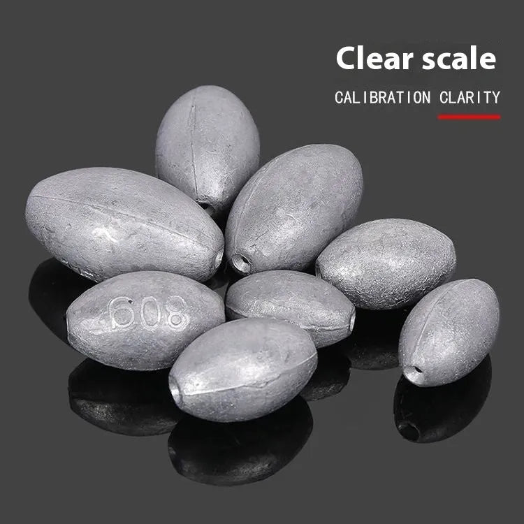 Rugby-shaped olive lead fishing sinker with textured Tongxin scale pattern, shown alongside weight options from 10g to 150g.