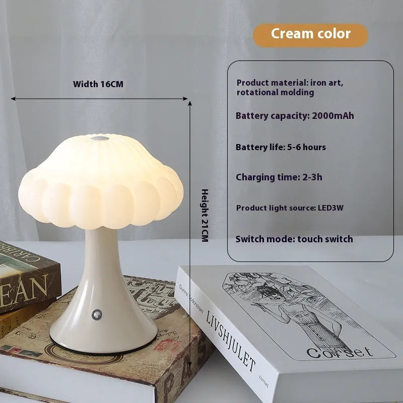 Mushroom touch lamp with USB cable in wood grain, white, cream, grey, or black for cafe decoration