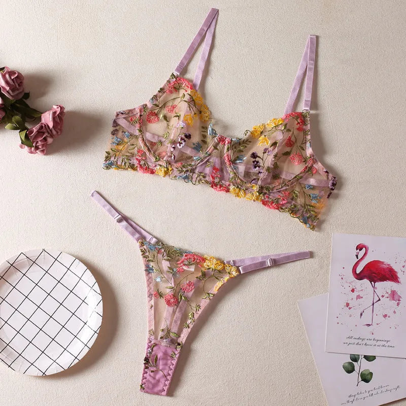 Floral pattern bra with steel ring T-back in polyester mesh fabric available in five colours